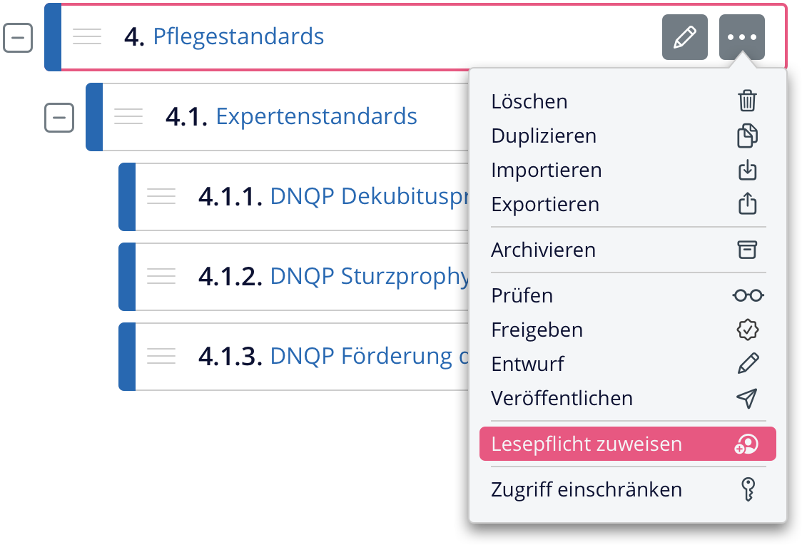 Ansicht des Qualitätsmanagement-Menüs in der Software